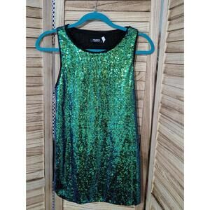 Zeagoo size Small Black Sheer Tulle Mesh Green/Blue Sequins Top